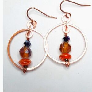 Orange Glass Copper Hooks Hidden Meaning earrings Organic Forms, Earthy Bo  063■